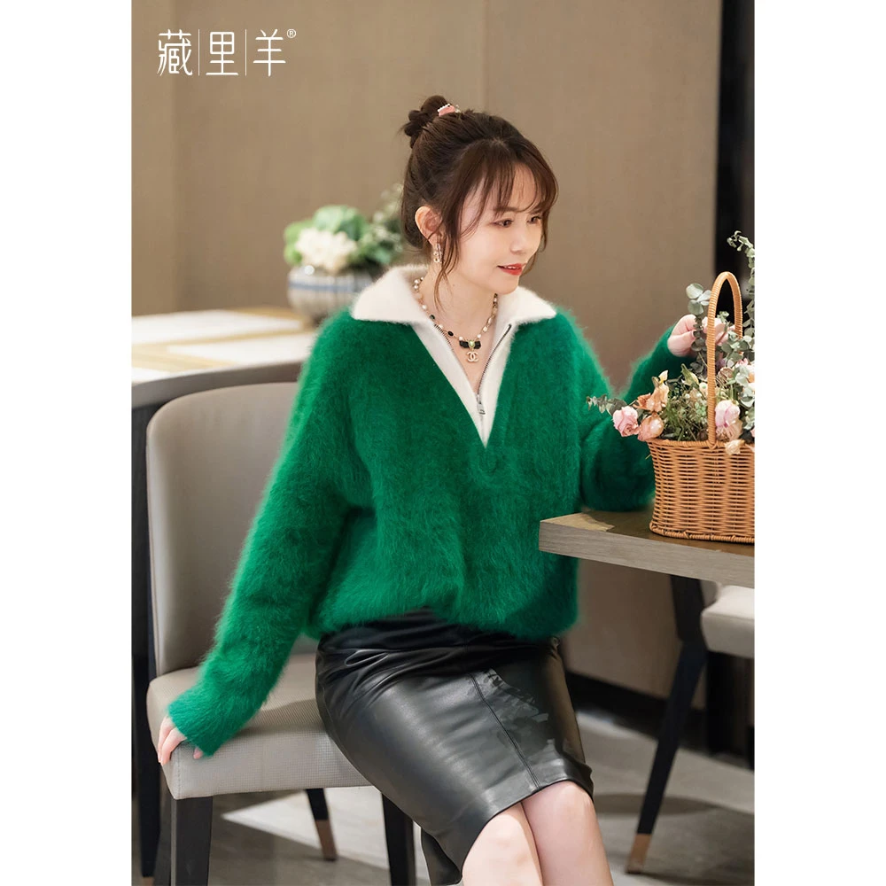 【阳光专属】藏里羊北美小动物毛毛假两件翻领撞色上衣M1291