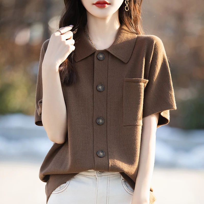 2025新款POLO领带兜外搭开衫短袖t恤女夏季洋气大码女装针织上衣