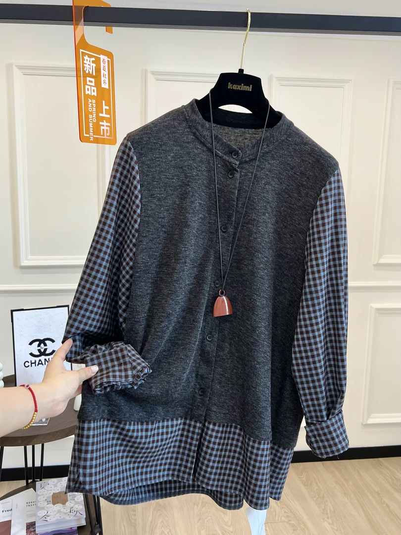 高端欧货秋季新款时尚气质假两件格子拼接连衣裙针织宽松显瘦上衣