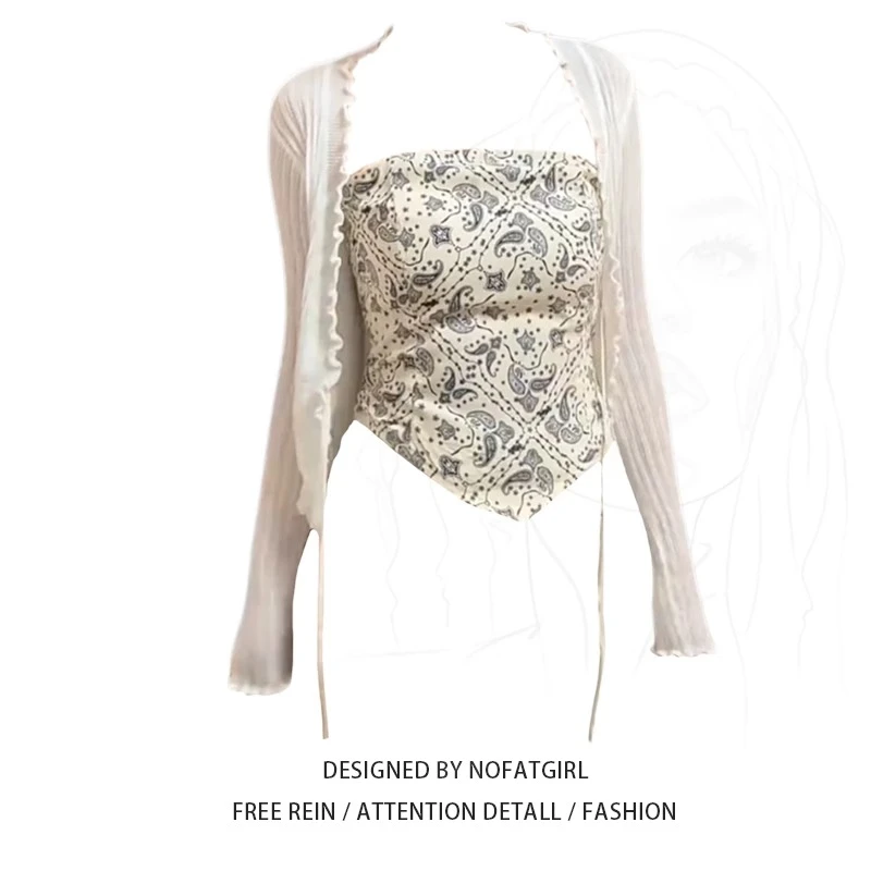 大码胖MM法式复古无袖背心女夏季新款薄款开衫修身辣妹抹胸上衣潮