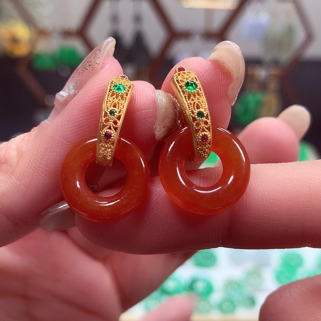 翡翠耳饰银S925镶嵌天然翡翠