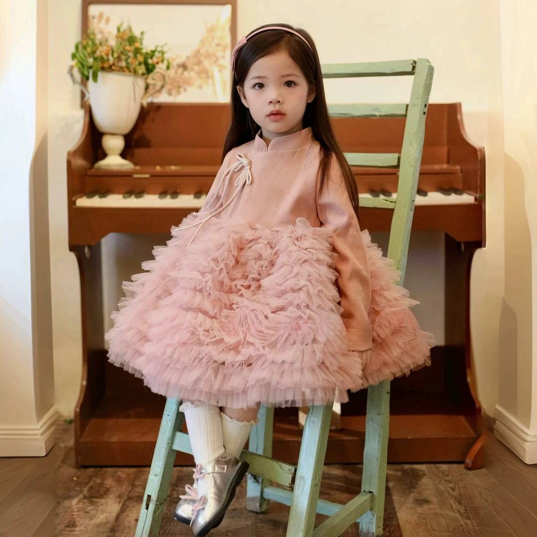 高定款女童国风礼服时尚连衣裙加绒加厚秋冬花童蓬蓬纱长袖洋气