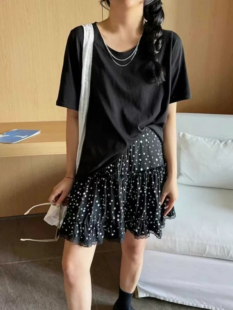 黑色链条INS风圆领宽松型短袖T恤简约兰色黄色运动春夏女士