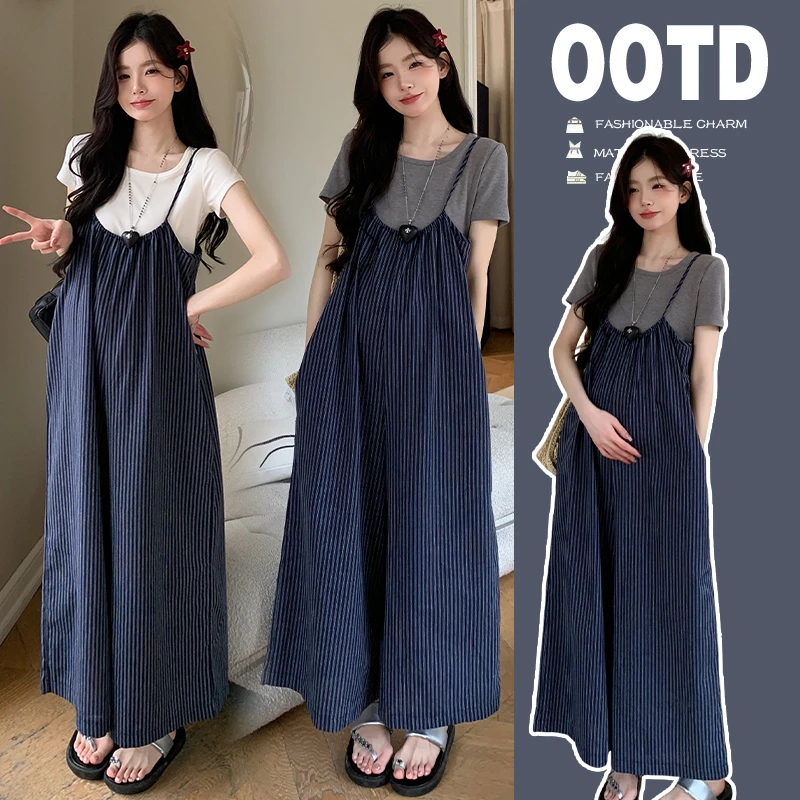 2025年新款孕妇套装春夏款孕妇套装韩版休闲条纹背带裤+灰色长袖