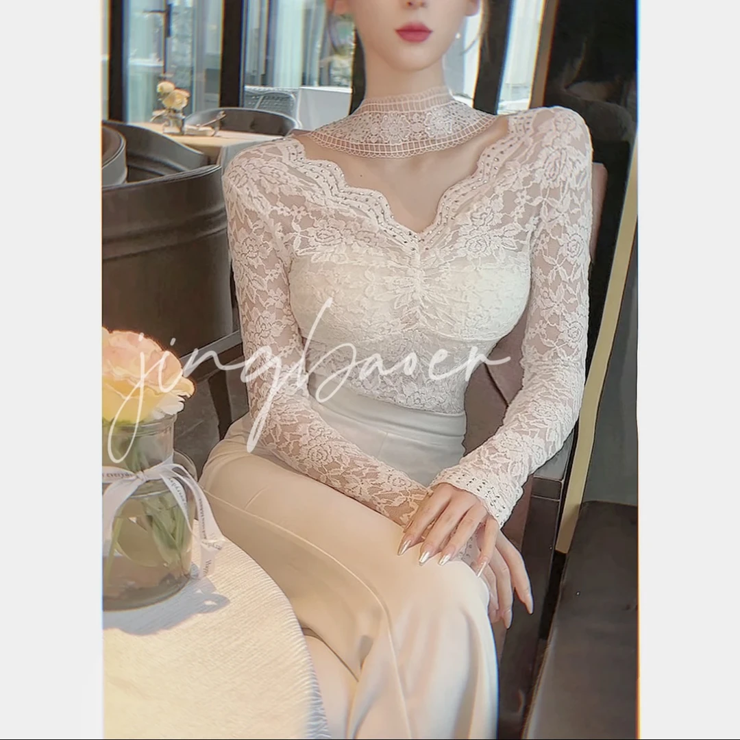 【浪漫玫瑰女人】白色蕾丝烫钻上衣2025春季新款