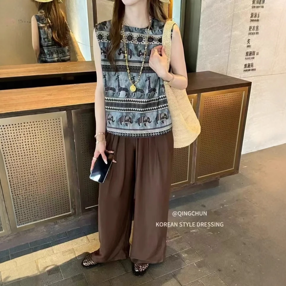 韩版天丝棉衫设计师时尚老钱风优雅知性气质无袖背心裤子套装