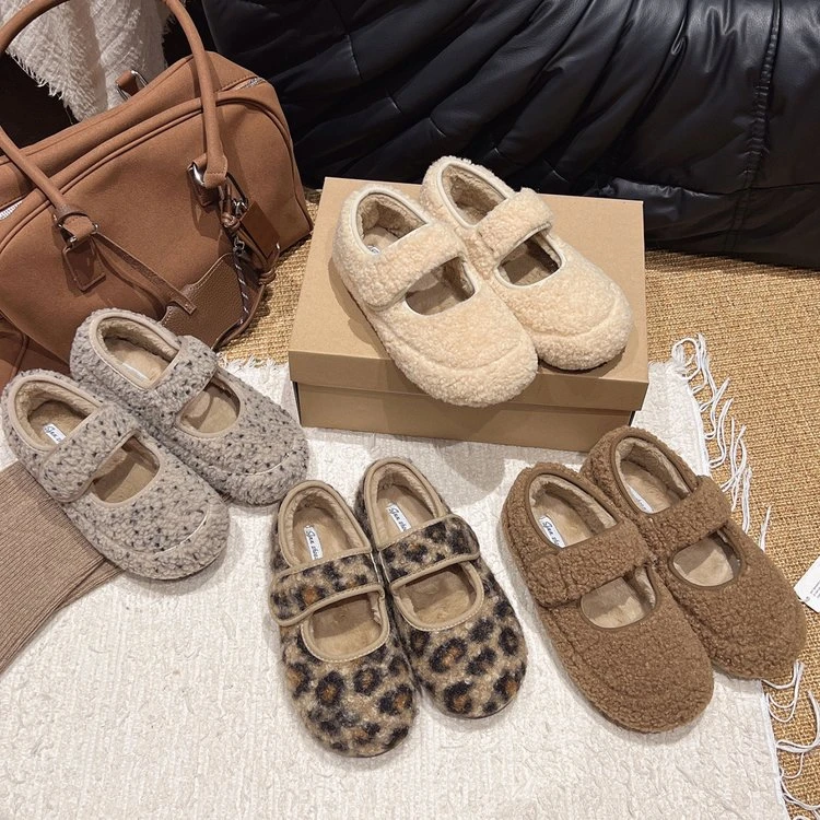 复古港风可爱风玛丽珍鞋魔术贴棉鞋秋冬朋克风一脚蹬毛毛单鞋