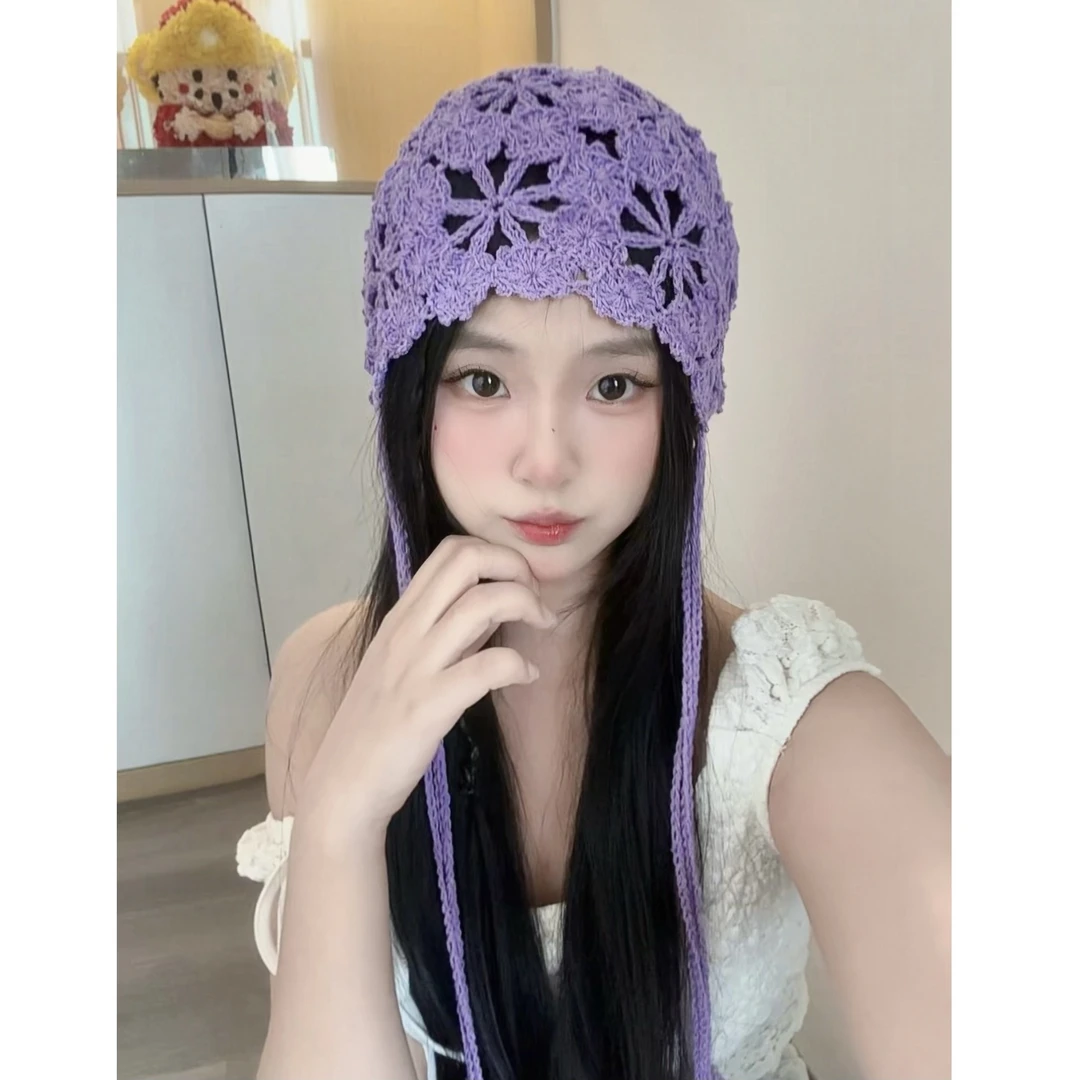自制款！紫色韵味春夏镂空钩花包头帽薄款出游拍照流苏手工帽