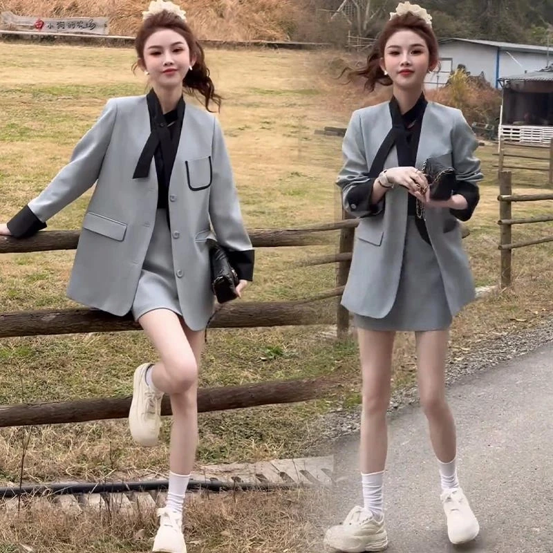 时尚西装外套女2025春季新款洋气质学院风假两件外套半身裙两件套
