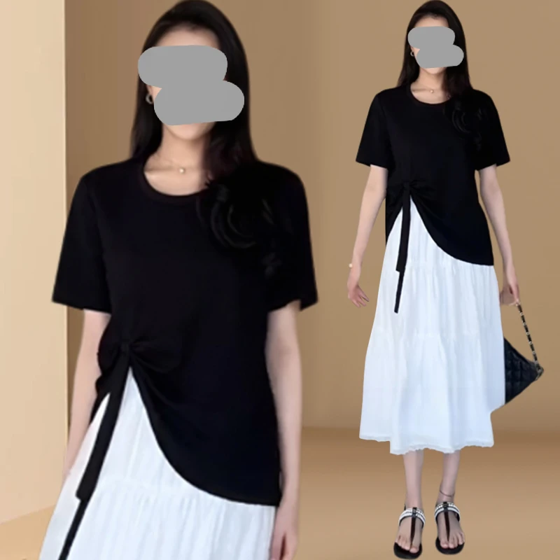 圆领短袖不规则T恤蛋糕裙两件套大码胖mm休闲洋气显瘦套装女夏季