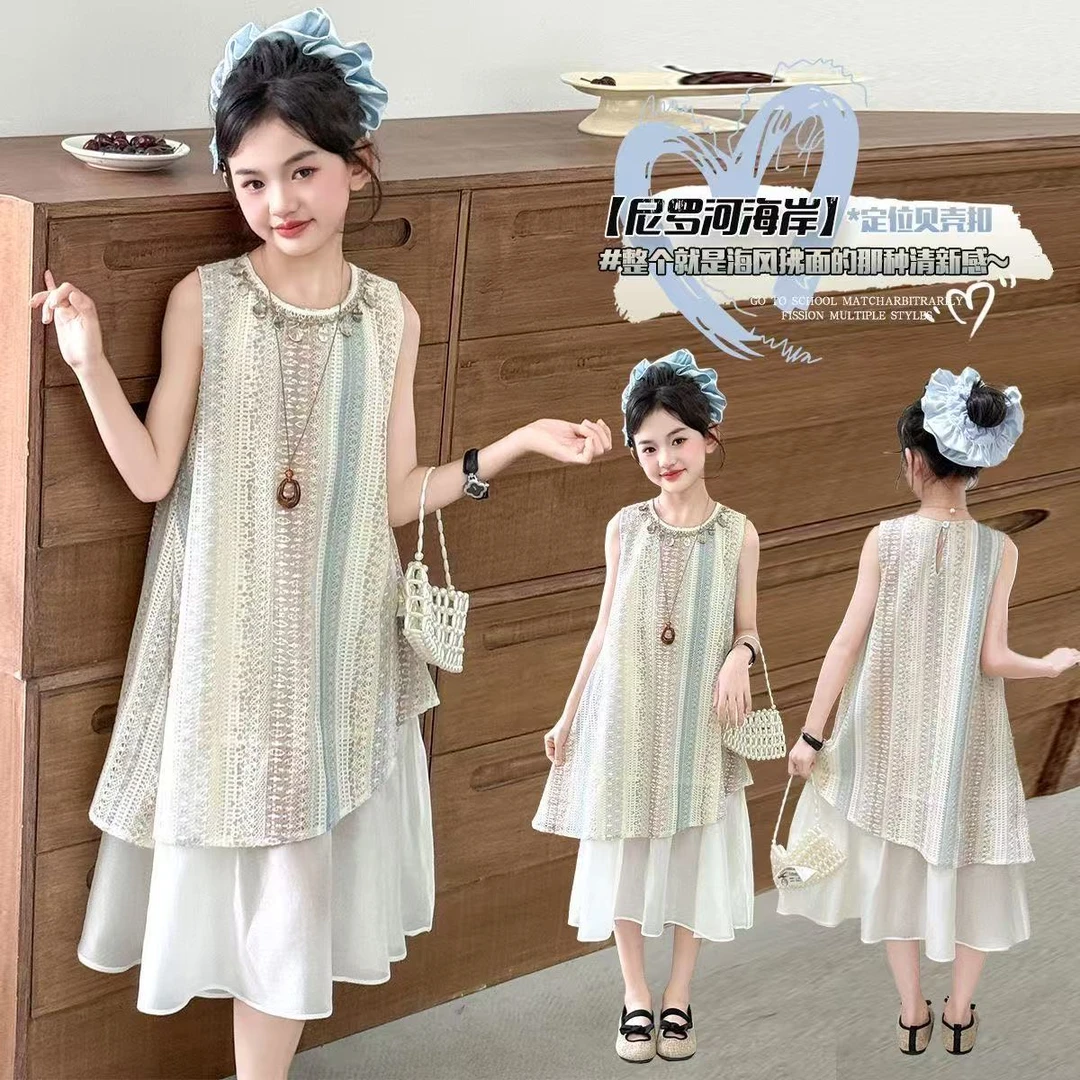 现货~夏日度假风~2025新款女童波西米亚背心裙女孩无袖连衣裙9111