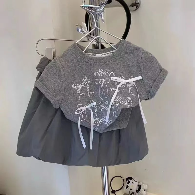 【亲子款】小孩女宝夏款灰底印花立体蝴蝶结时尚短袖T洋气欧若风