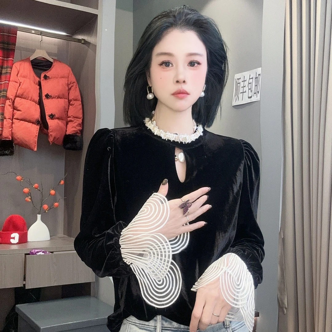 【YUANJIE】法式早春喇叭袖长袖丝绒衬衫女气质衬衣钉珠设计感上衣