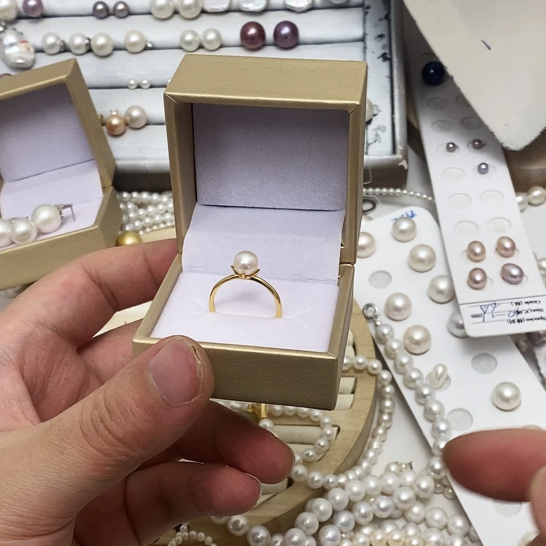 银S925镶嵌6.7m极光粉珍珠戒指淡水珍珠