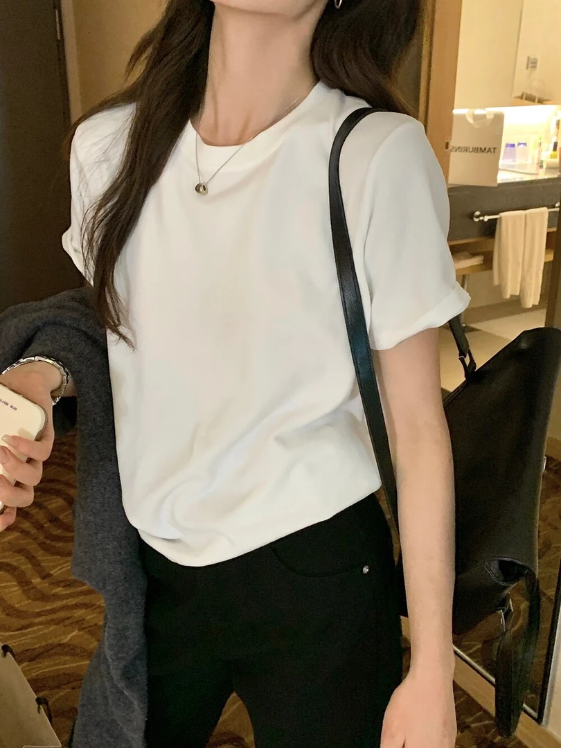 圆领舒适百搭基础磨毛纯色显瘦打底衫简约宽松上衣短袖t恤女7022