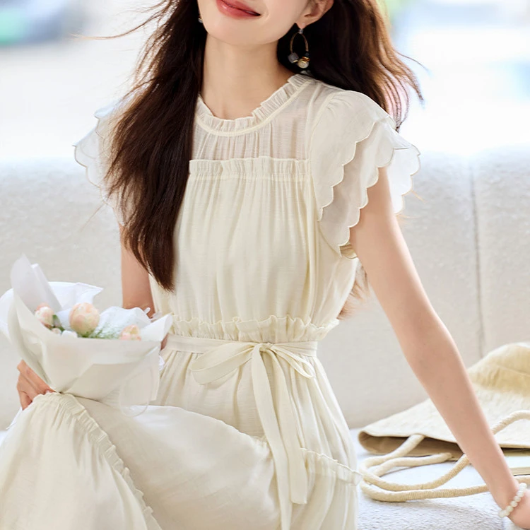 GUANG法式小飞袖木耳边仙气连衣裙女2025夏季新款系带收腰气质中