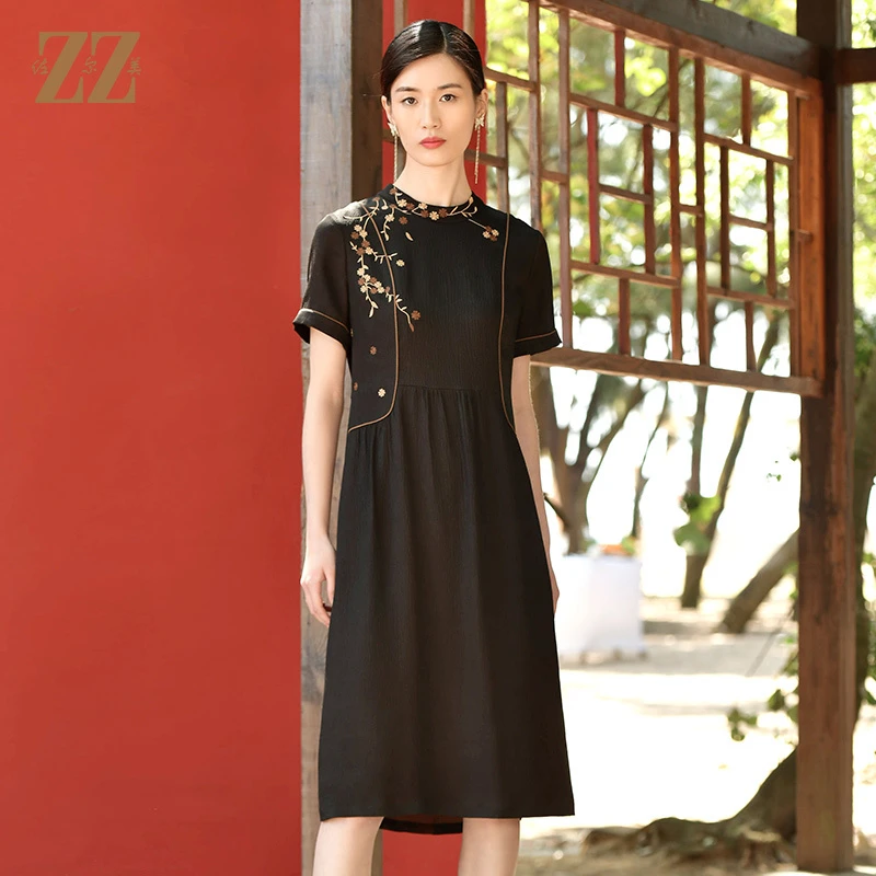 ZZ/佐尔美优雅国风100%桑蚕丝真丝气质连衣裙女E32LS23