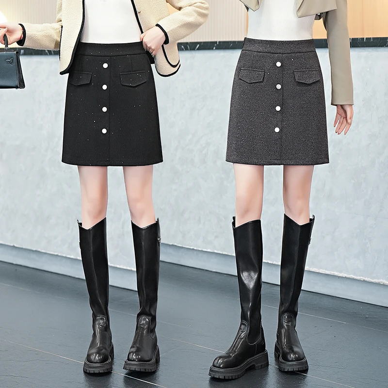 毛呢a字半身裙女秋冬高腰加厚设计感排扣时尚短裙星光亮片包臀裙