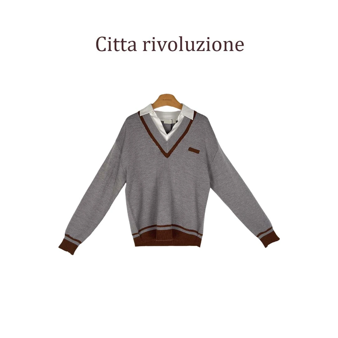 秒--高段位法式学院风撞色假两件V领毛衣272