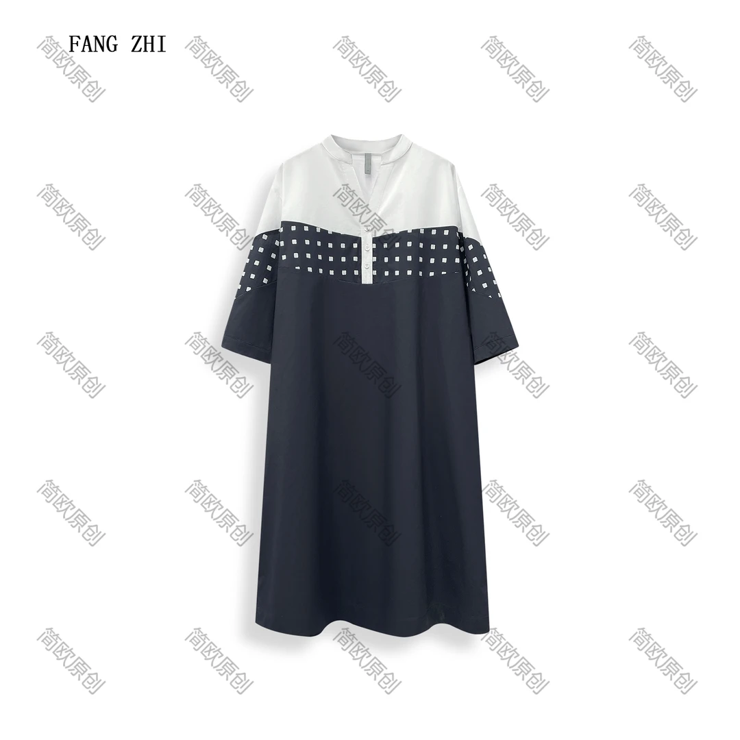 早秋休闲时尚撞色印花连衣裙中袖女士中长款立领显瘦长裙 D4271-1