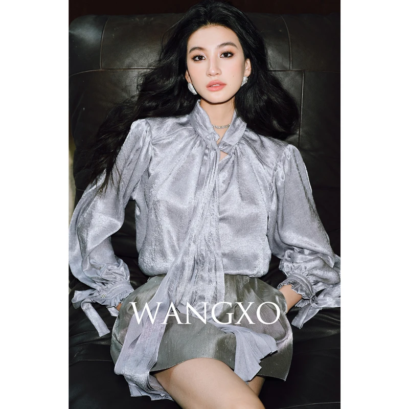 WANGXO 优雅宫廷压褶飘带V领衬衫  2431710W