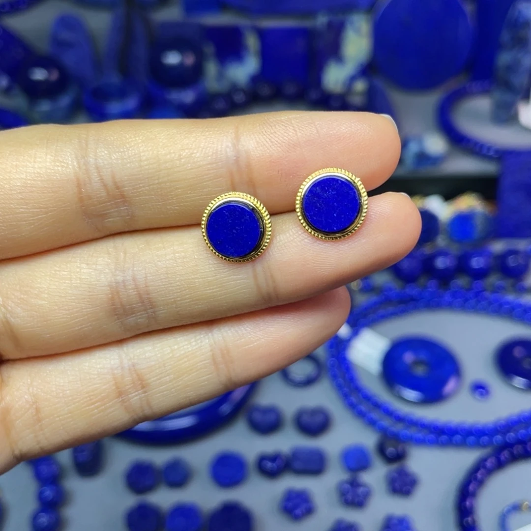 青金石银S925镀金镶嵌8mm耳饰