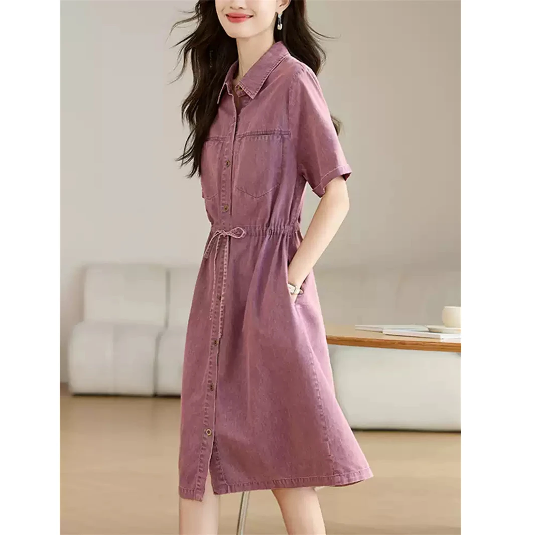 休闲玫红牛仔连衣裙女夏季薄款2025新款收腰气质衬衫裙高级感裙子