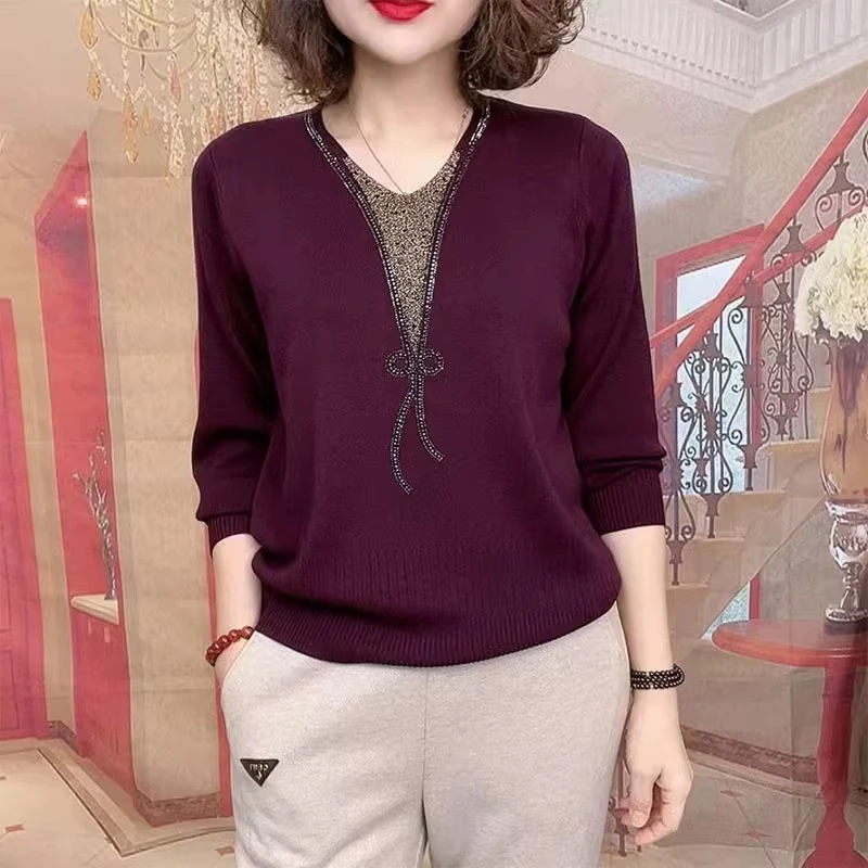 时尚洋气烫钻针织衫女2025春秋新款宽松显瘦百搭妈妈装长袖打底衫