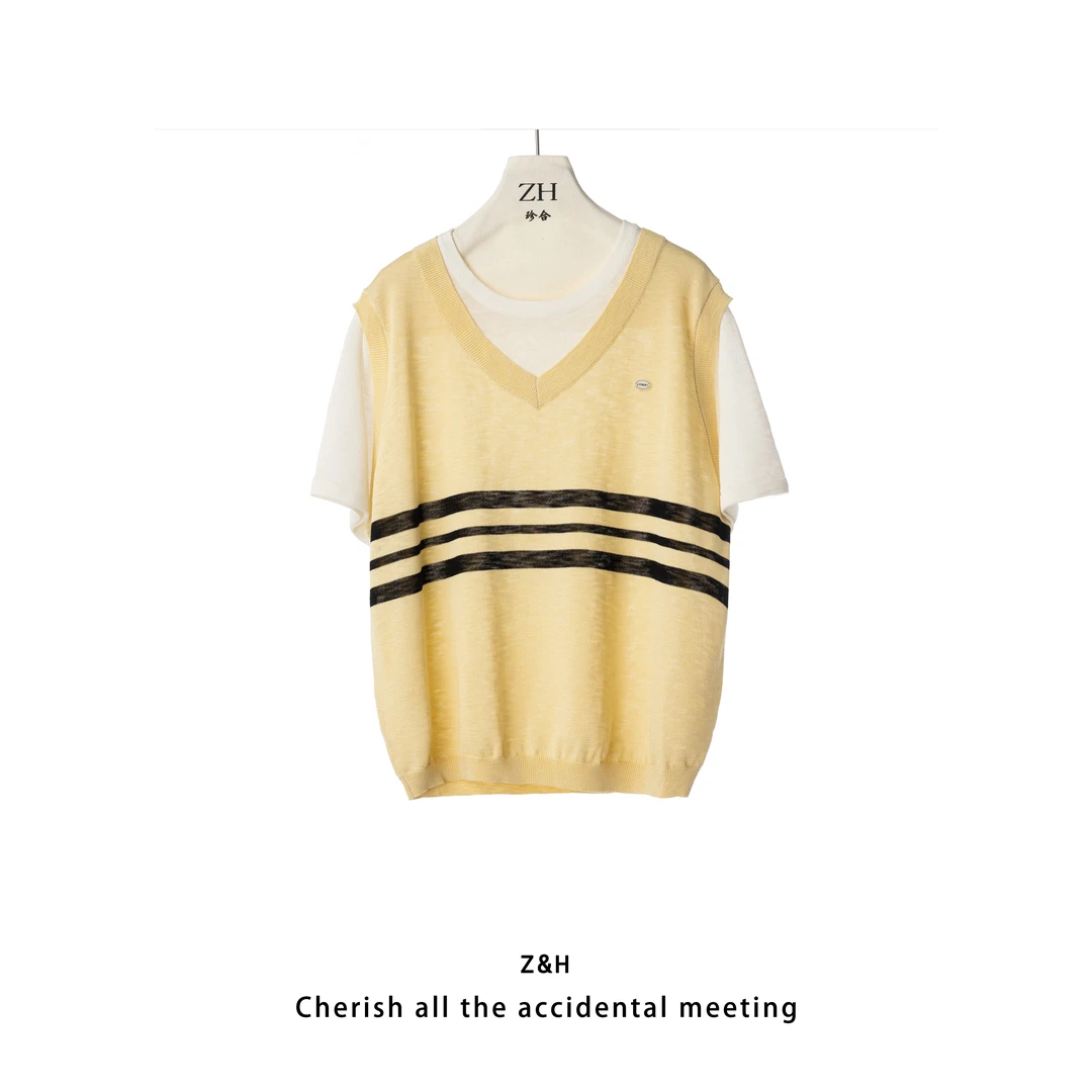 ZH【夏日悠长】圆领撞色款针织衫女短袖夏款舒适宽松