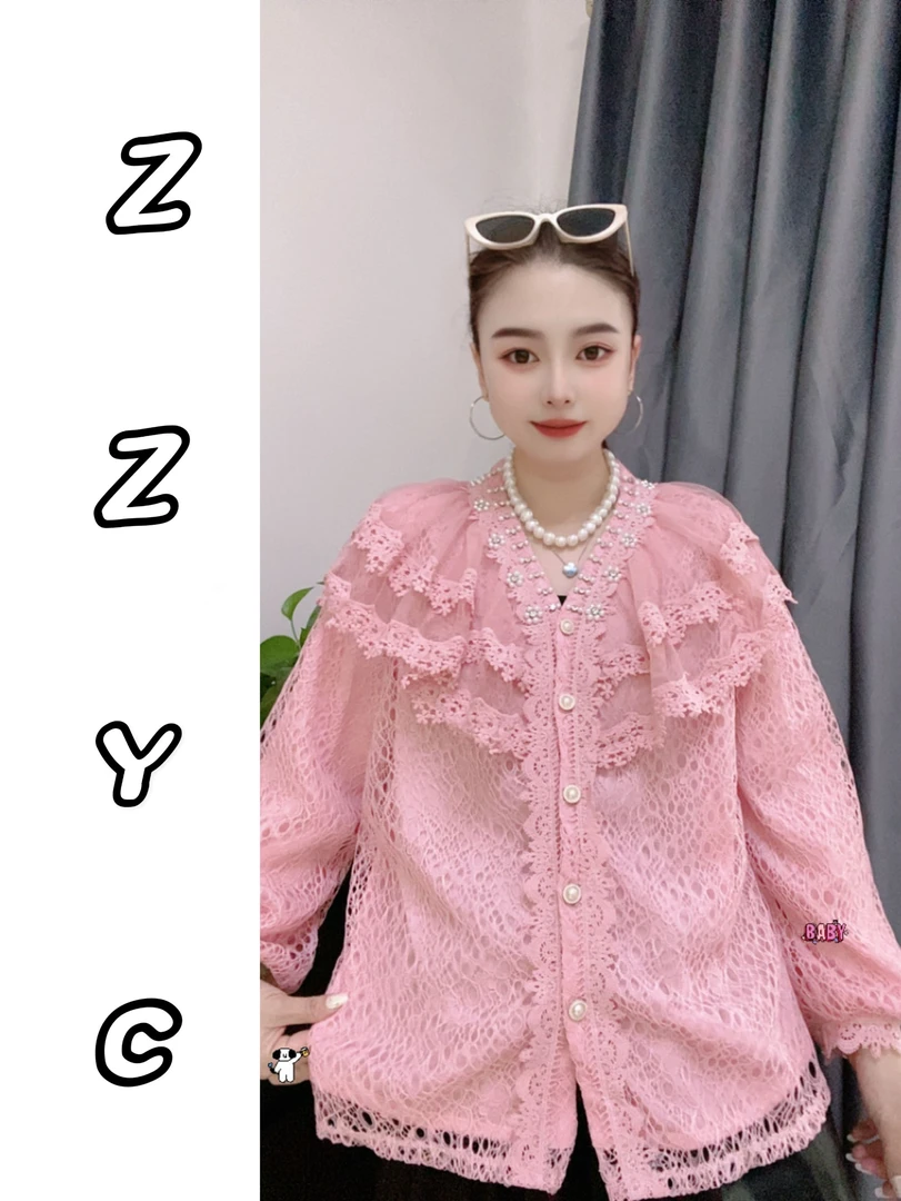 ZZ赵赵2025秋季洋气定制蕾丝花边V领水钻开衫衬衫
