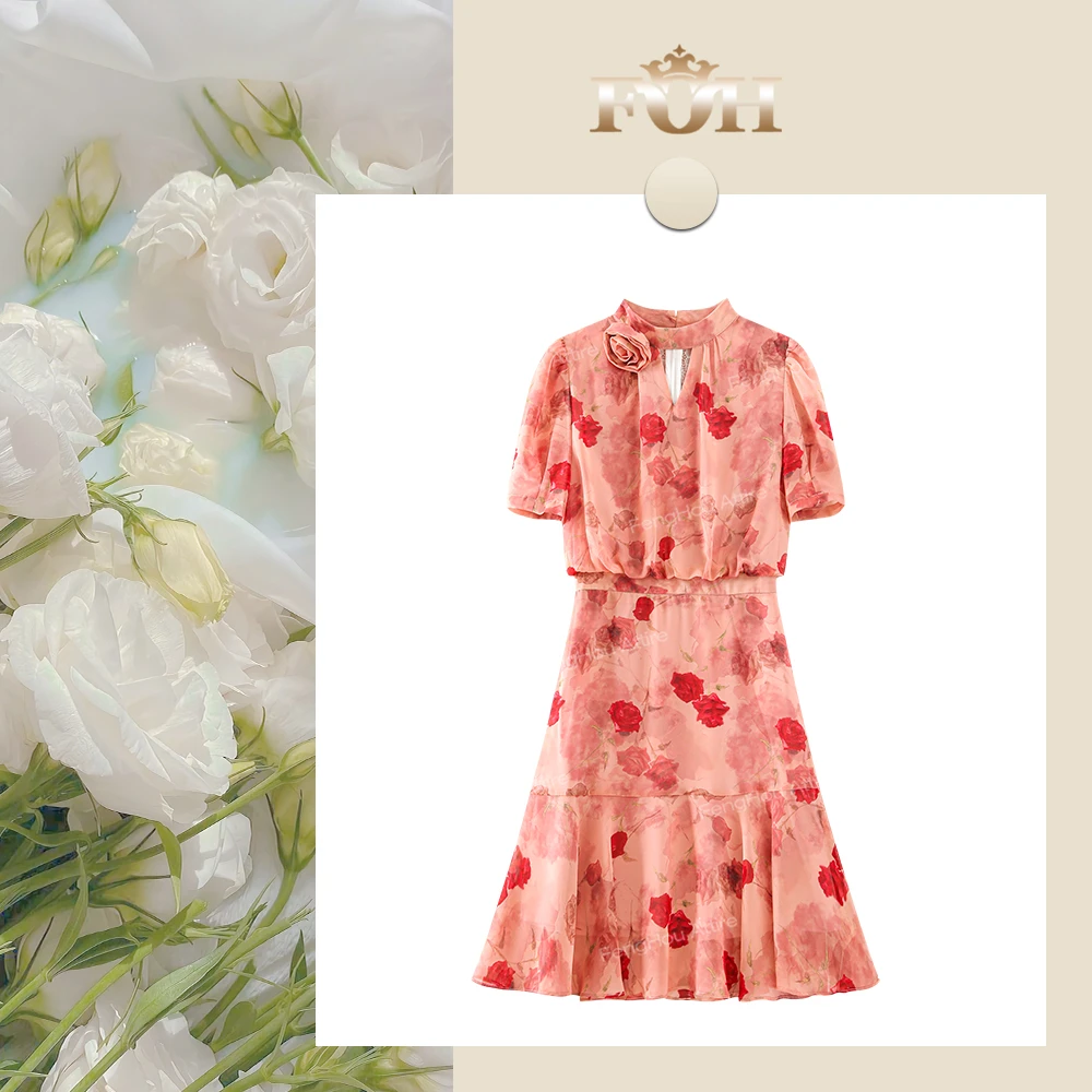 【封后轻奢设计】复古立体印花立领花朵短袖收腰显瘦连衣裙5177