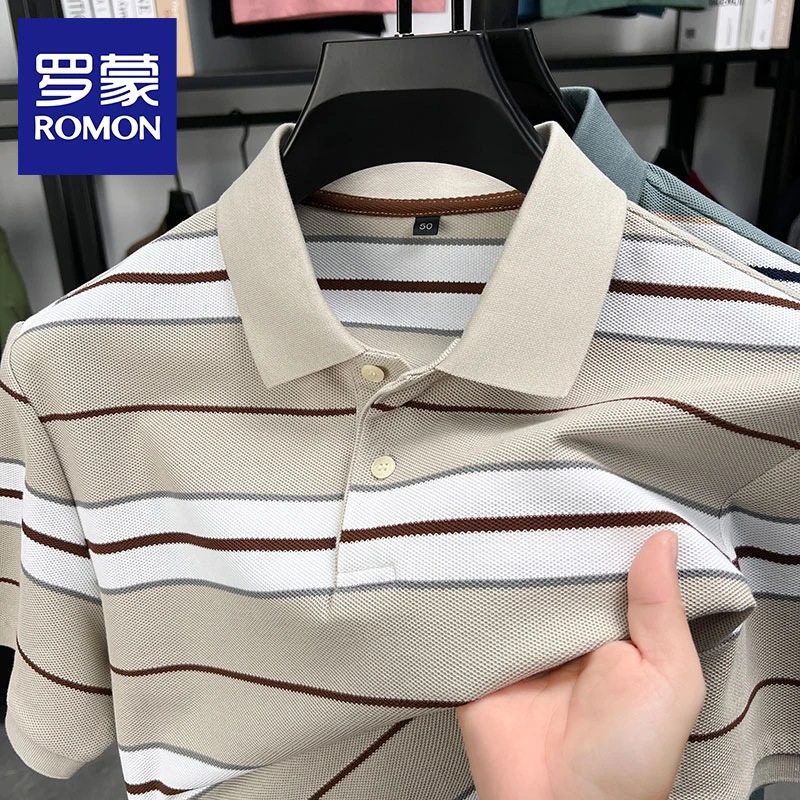 罗蒙2025新款男士短袖翻领T恤商务休闲条纹POLO衫夏季常规款上衣