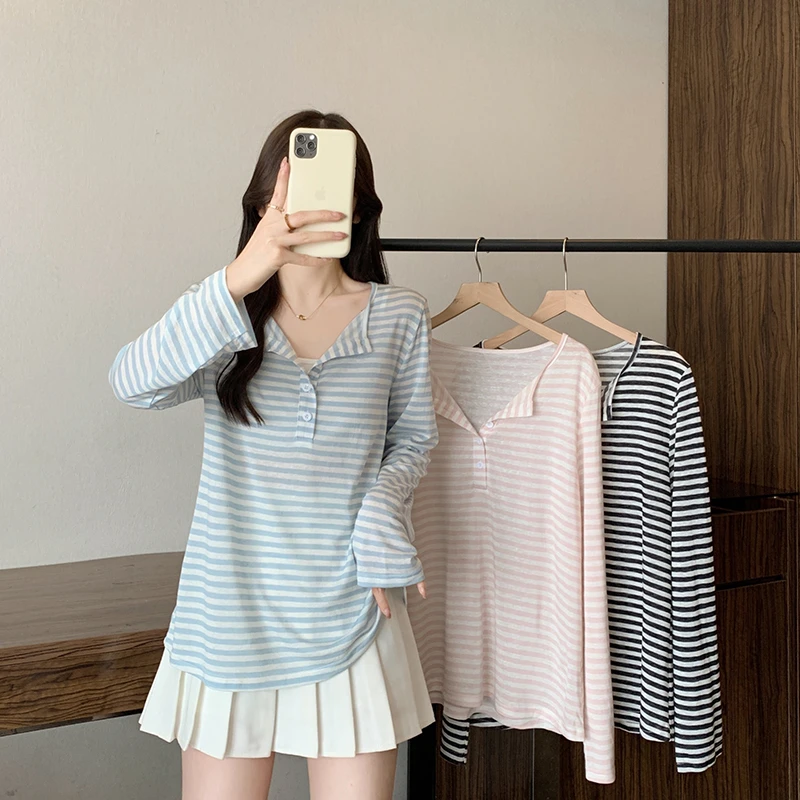 2025夏装新款胖mm大码减龄半开领条纹长袖T恤酷飒风女装高级感潮