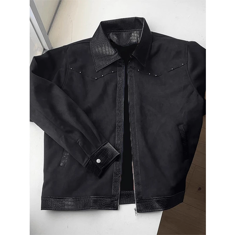 cleanfit座山蟒拼皮短款外套男款春秋痞帅高级感美式翻领飞行夹克