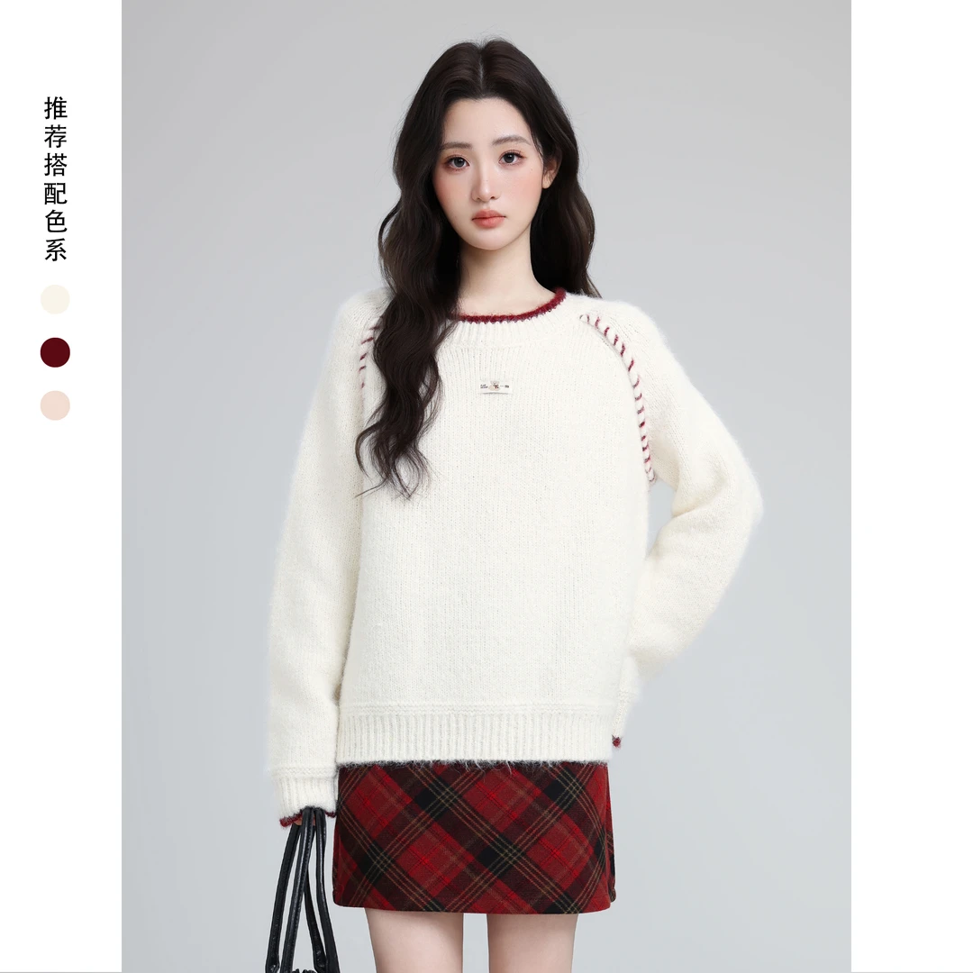 米白色圆领毛衣女加厚秋冬2025冬新款宽松撞色套头针织衫内搭上衣