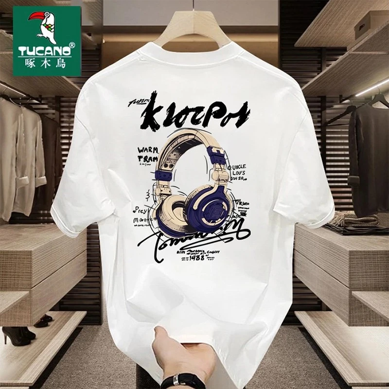 啄木鸟男士纯棉短袖时尚休闲圆领T恤上衣轻奢小众潮流ins百搭半