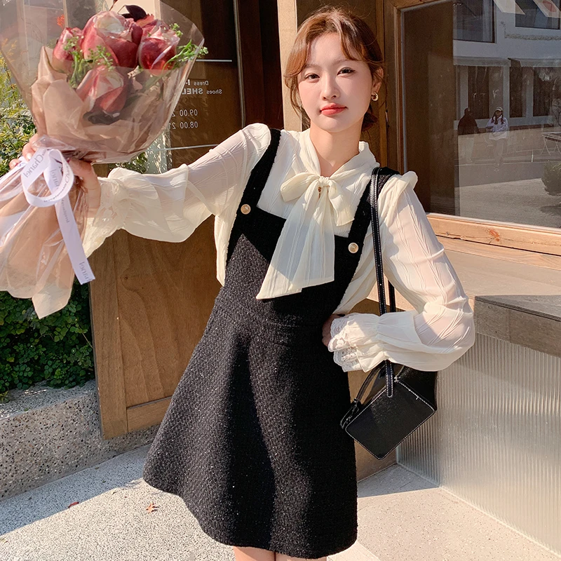 小香风长衬衫背心连衣裙春秋显瘦气质长裙子洋气针织收腰两件套