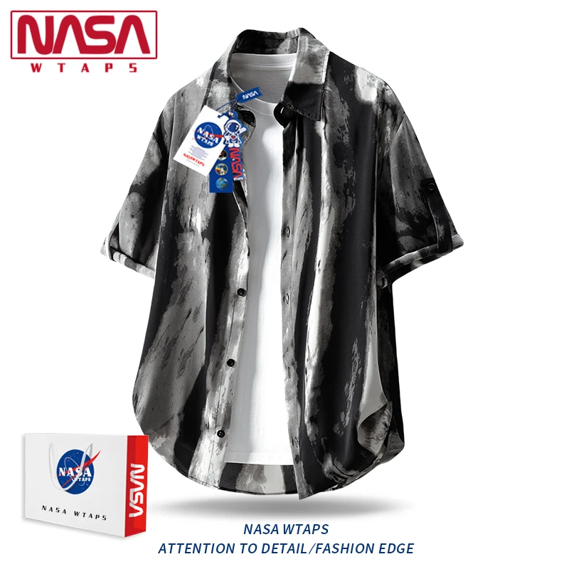 NASA WTAPS新国风短袖衬衫男士夏季扎染款户外休闲潮流外穿上衣服