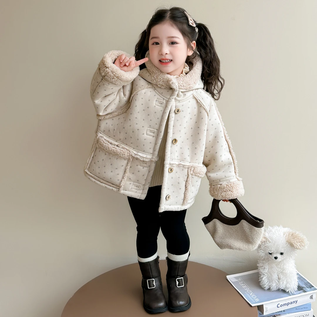 女童皮毛一体外套秋冬季2025新款洋气儿童加绒加厚上衣女宝宝冬装