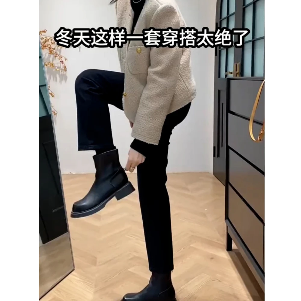 黑色九分直筒牛仔裤女秋冬大码胖mm高腰弹力加绒宽松显瘦烟管裤