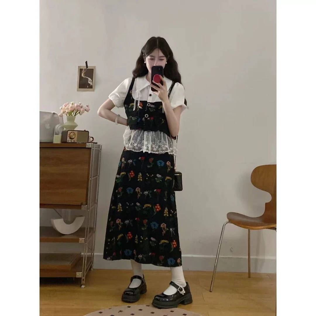大码老钱风时尚女装蕾丝拼接假两件马甲衬衫与碎花裙套装