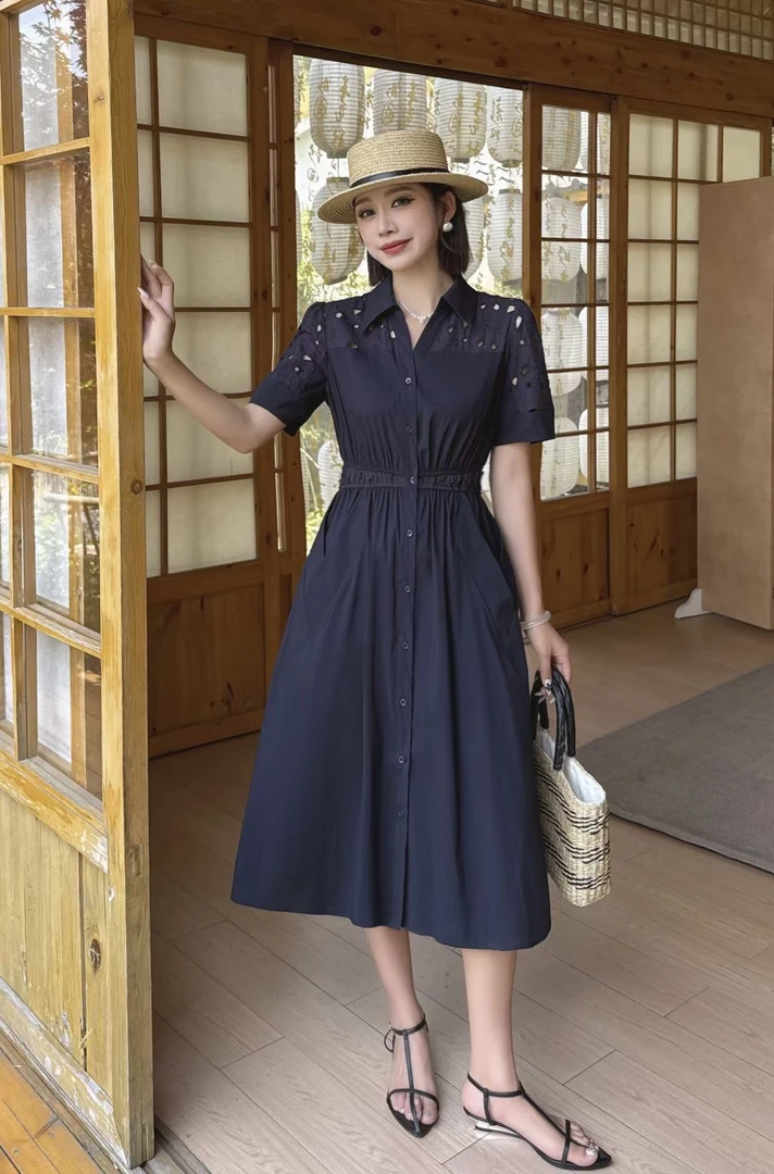 POLO领夏季不褪色显胸小的连衣裙连衣裙气质显瘦修身泡泡袖