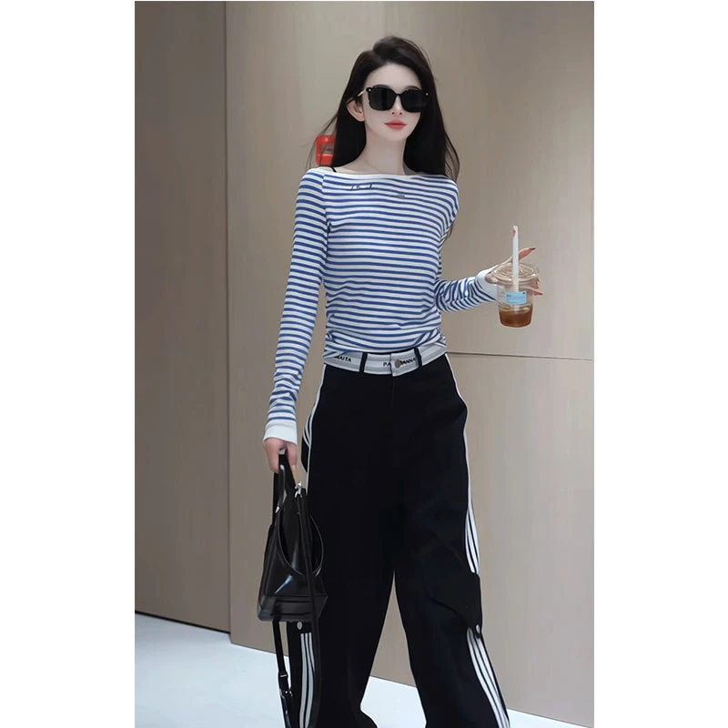 2025春夏斜肩条纹长袖t恤打底衫三条杠高腰直筒休闲裤子两件套装