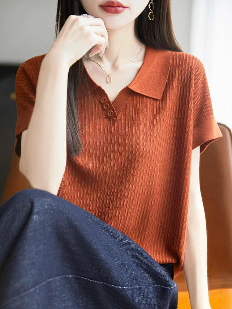 新款~莱赛尔天丝polo领三粒扣针织短袖
