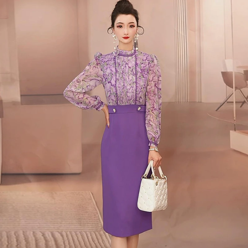 春夏季连衣裙长袖气质紫色高腰包臀裙