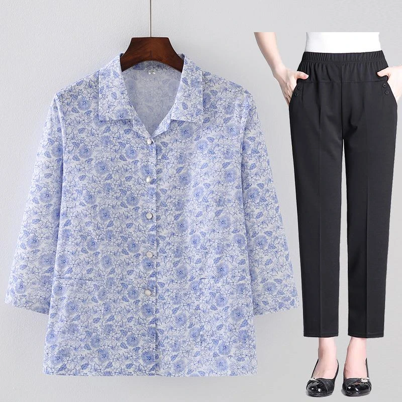 中老年人女装夏季纯棉碎花上衣老太太婆中袖全棉衬衫妈妈夏装套装