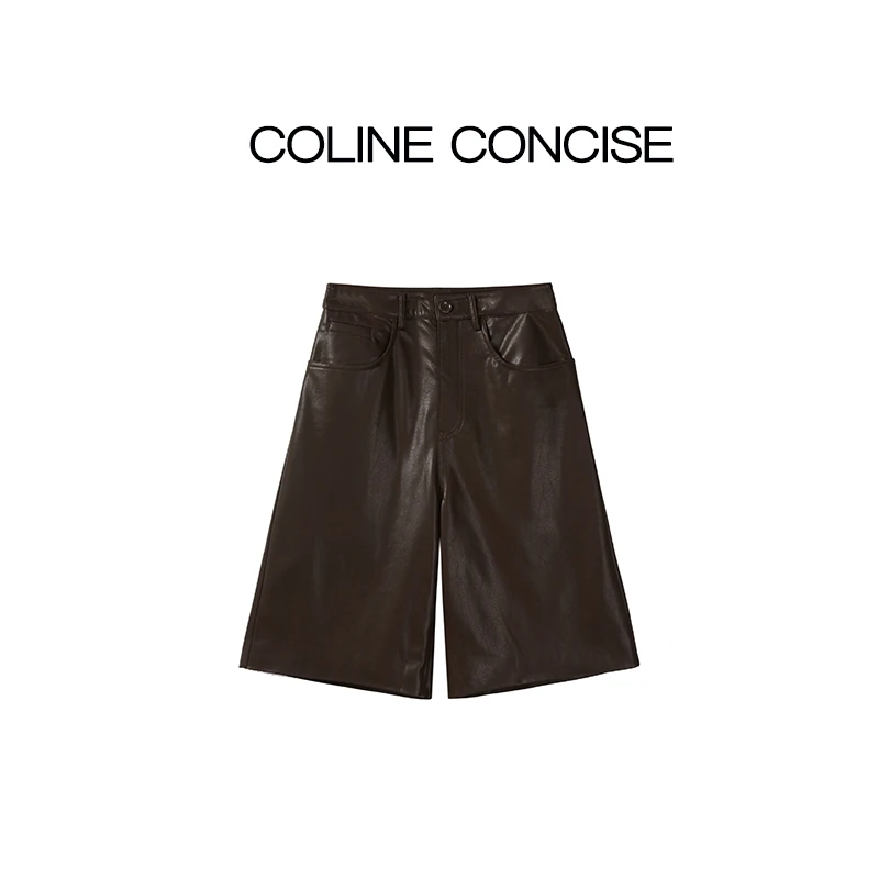 COLINE CONCISE 皮裤中裤直筒裤五分短裤子25秋季