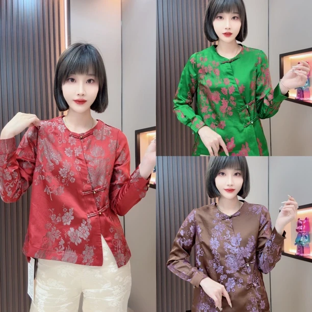 敏宝＋79268新中式醋酸提花盘扣长袖上衣国风显瘦百搭