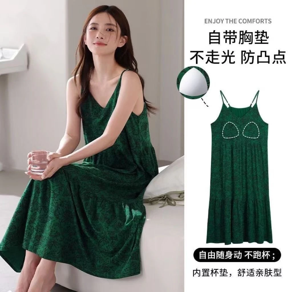 2025爆款墨绿色新款吊带睡裙带胸垫女佩斯利花纹凉感睡衣家居服