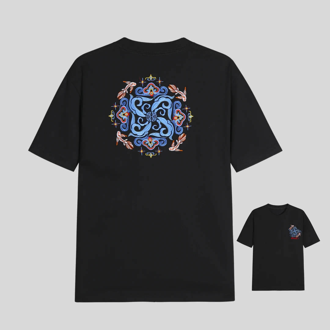 【花1】夏季国风经典短袖飞鱼刺绣百搭T恤 y331